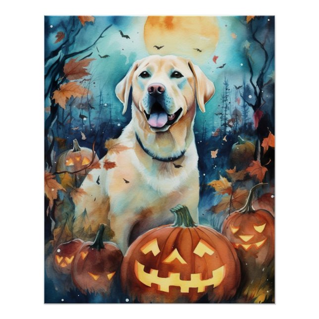Pôster Labrador de Halloween com Abóboras Assustador (Frente)