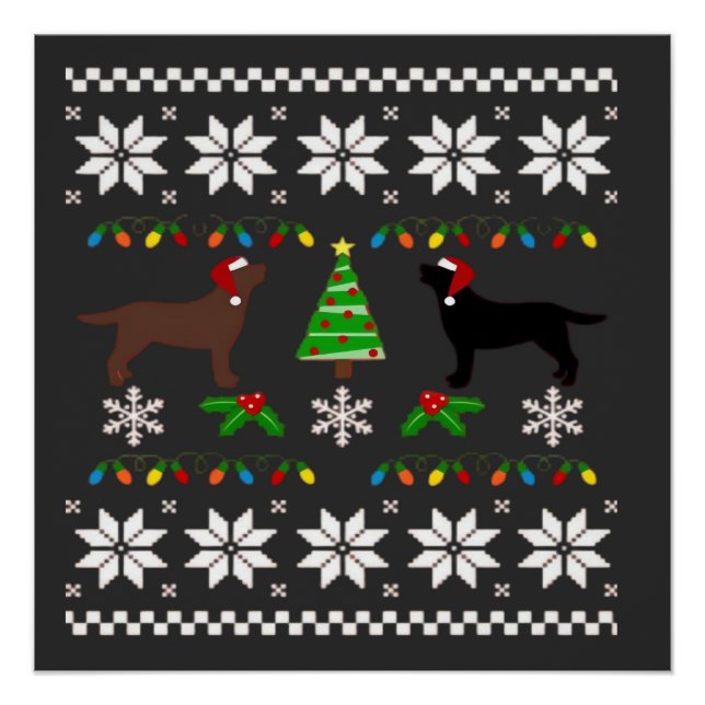 Pôster Labrador Preto e Labrador Chocolate Feliz Natal (Frente)