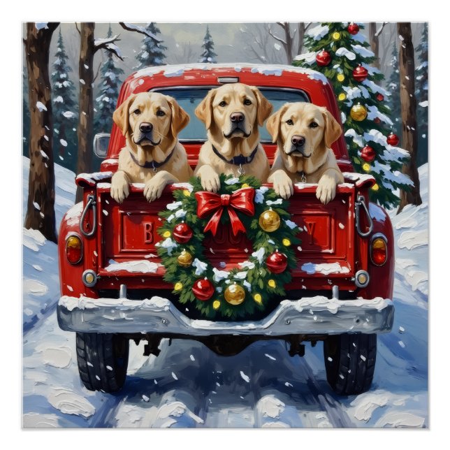 Pôster Labrador Retriever Christmas Red Truck Holiday (Frente)