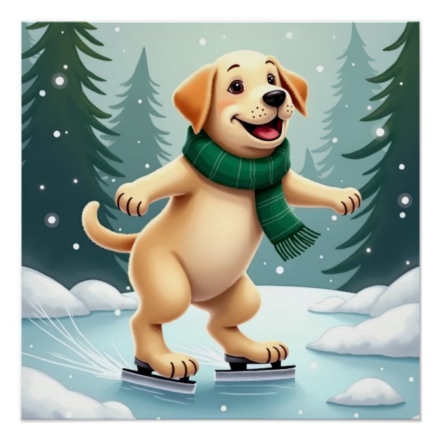 Pôster Labrador Retriever Ice Skating Christmas Painting (Frente)
