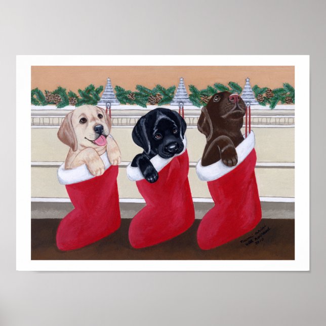 Poster Labrador Retriever Puppies Christmas Artwork (Frente)