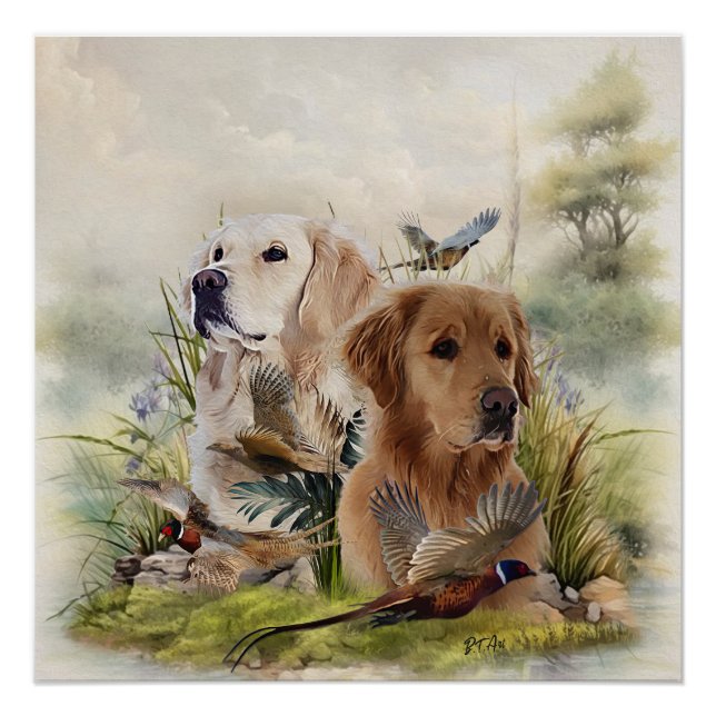 Pôster Labrador Retrievers com Faisão, Arte (Frente)