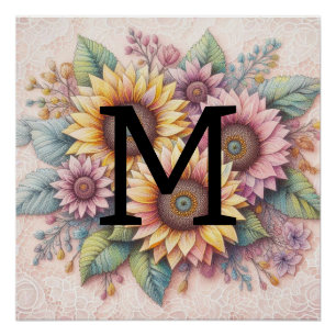 Pôster Lace monograma flores cor-de-rosa amarelas cor-de-