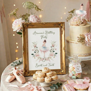 Poster Laço Rosa Bailarina Aquarela Doce de Aniversário