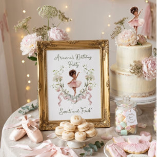 Poster Laço Rosa Bailarina Aquarela Doce de Aniversário