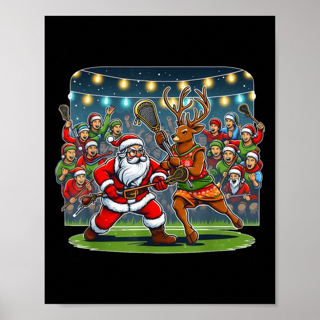 Poster Lacrosse Player Christmas Santa Reindeer Playing L (Frente)