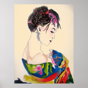 Poster Lady com kimono, arte japonesa