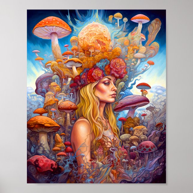 Poster Lady E Cogumelos Surreal Fantasy Art (Frente)