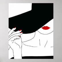 Lady In Black Hat Com A Arte Vermelha Da Linha Lip