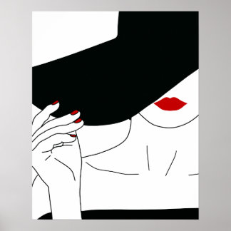 Poster Lady In Black Hat Com A Arte Vermelha Da Linha Lip