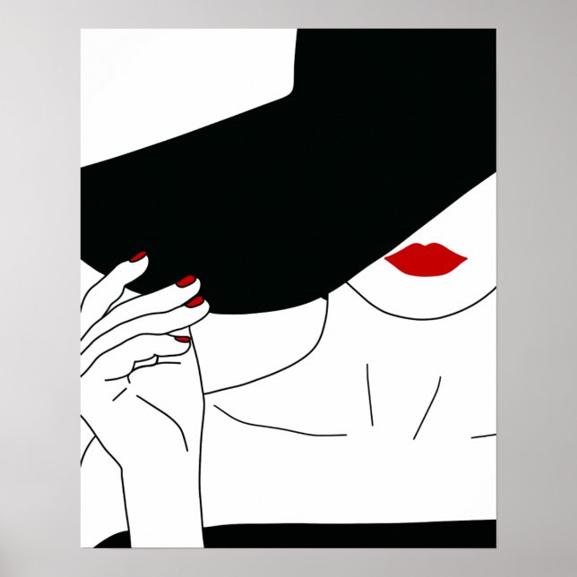 Poster Lady In Black Hat Com A Arte Vermelha Da Linha Lip (Frente)