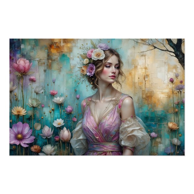 Pôster Lady in Pink, textured floral landscape teal gold (Frente)