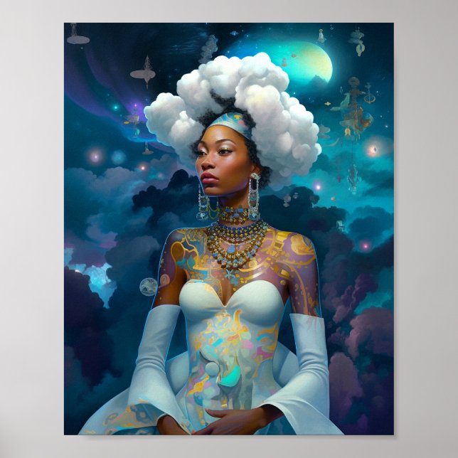 Poster Lady In Surreal World Cosmic African Art (Frente)