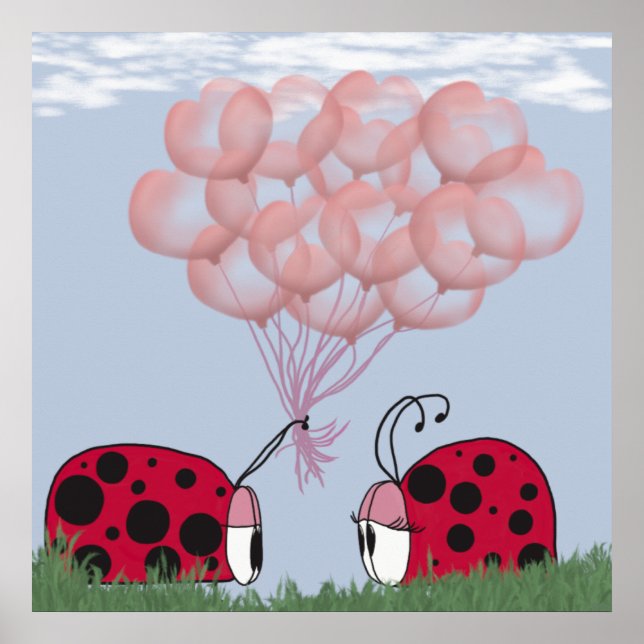 Pôster Ladybug Adorável Com Buquê De Balão Rosa Bonito (Frente)