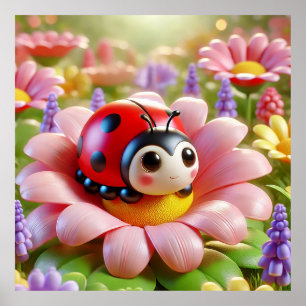 Poster Ladybug Adorável Sentado na Flor Rosa