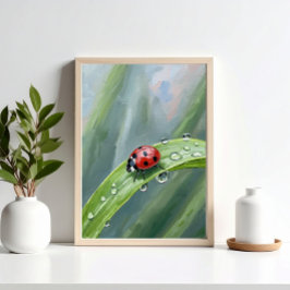 Pôster Ladybug on a Dewy Leaf – Nature Art Print