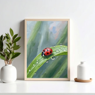 Pôster Ladybug on a Dewy Leaf – Nature Art Print