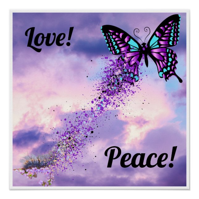 Pôster Lagarta Morfo em Púrpura e Borboleta Negra (Frente)