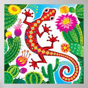 Poster Lagarto-do-Sudoeste com Flores de Cacto