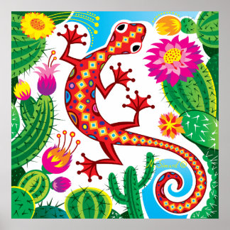 Poster Lagarto-do-Sudoeste com Flores de Cacto