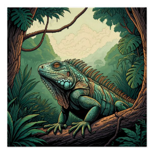 Pôster Lagarto iguana em meio a um cenário de selva tropi