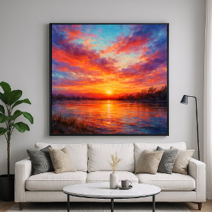 Poster Lago ao Pôr do Sol - Estilo de Pintura Pastel