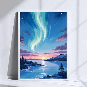 Poster Lago Aurora Boreal Paisagem Noturna Sonhadora