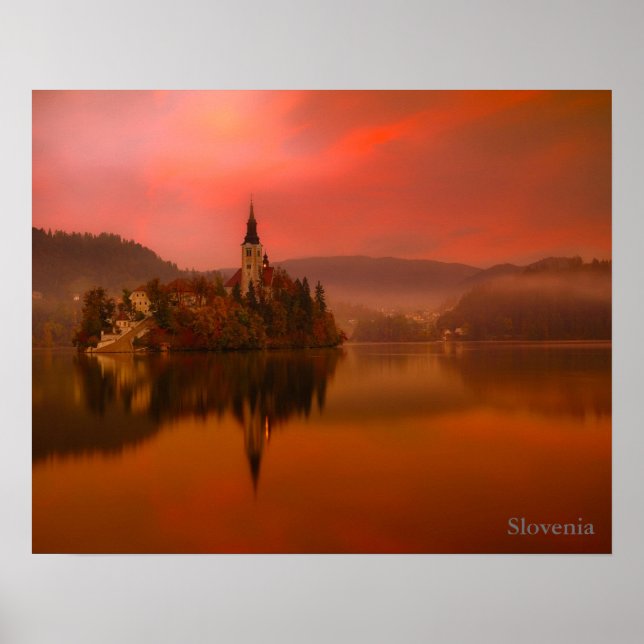 Pôster Lago Bled Sunset | Beleza natural da Eslovênia (Frente)