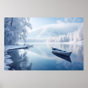 Poster Lago Boat Na Paisagem Serena De Inverno