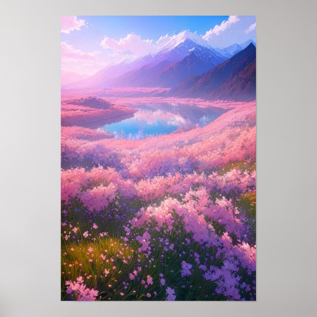 Poster Lago charmoso cercado por flores rosa (Frente)