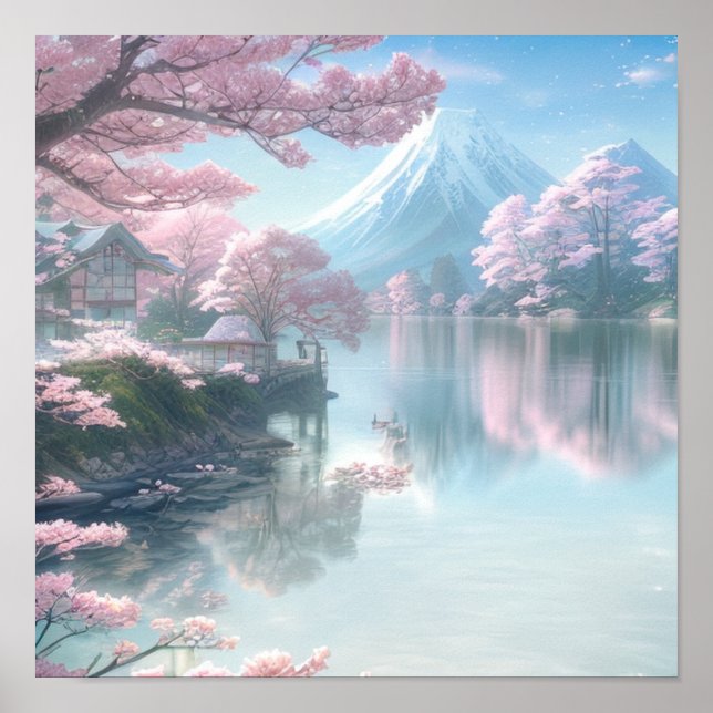 Poster Lago Cherry Blossom em Mist (Frente)