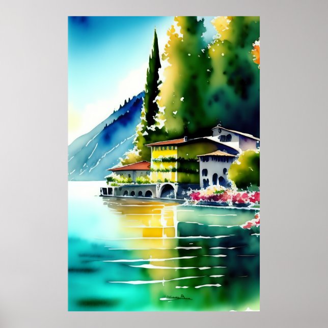Poster Lago Como (Lago di Como) Pintura Watercolor (Frente)
