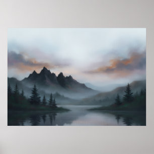 Poster Lago da Montanha de Carvão Nebuloso Floresta de Pi