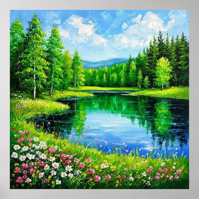 Poster Lago de Lush Forest Landscape Blooming Willows (Frente)