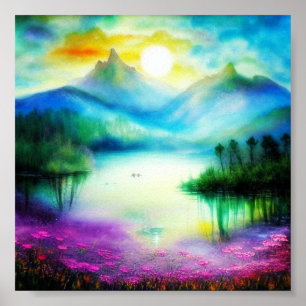 Poster Lago de montanha em aquarela