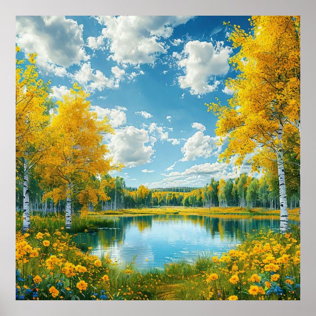 Poster Lago de Outono com Vista da Natureza Calma e Árvor (Frente)