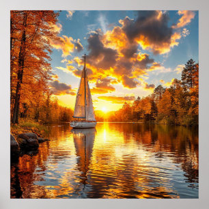 Poster Lago de outono e barco