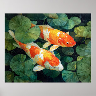 Poster Lago de Peixes Koi Folhas de Lótus