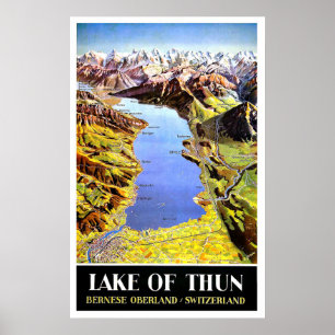 Poster Lago do mapa de Thun, Bernese Oberland, suiça