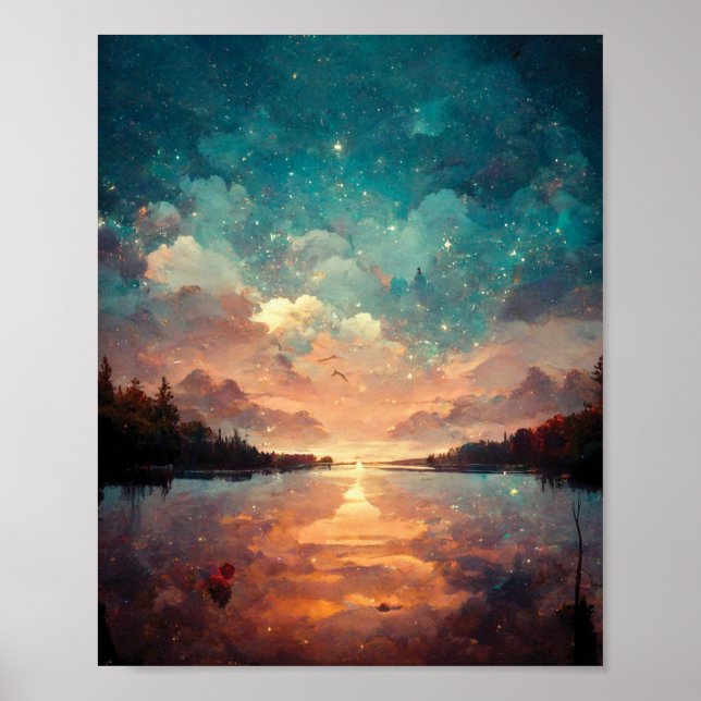 Poster Lago Dreamlike E Sunset | Pintura paisagística (Frente)
