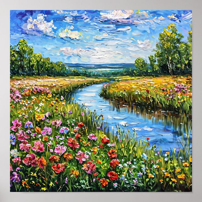 Poster Lago e campo de flores Paisagem Serena da Natureza (Frente)