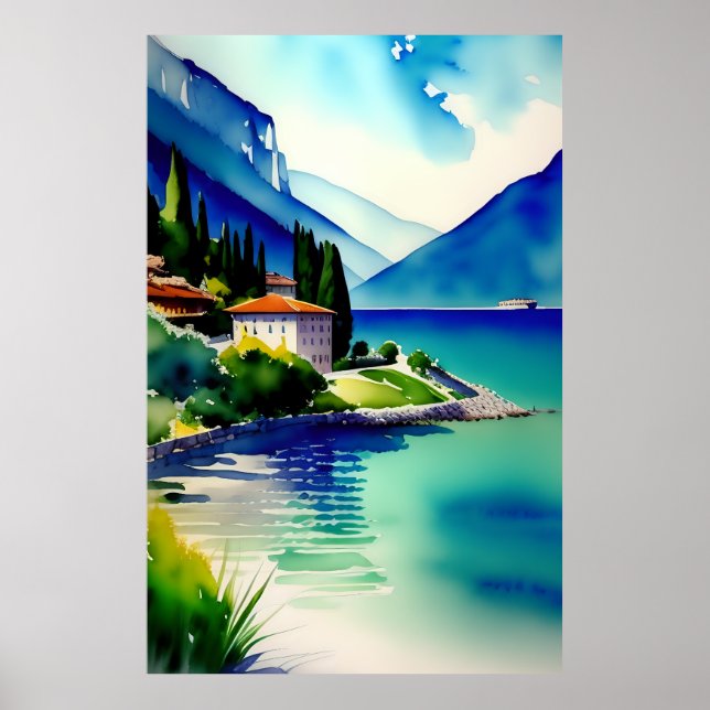 Poster Lago Garda (Lago di Garda) Pintura de Aquarela (Frente)
