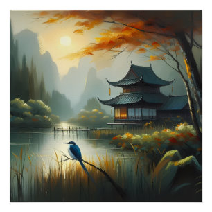 Pôster Lago Japão Pássaro 1 - Tela