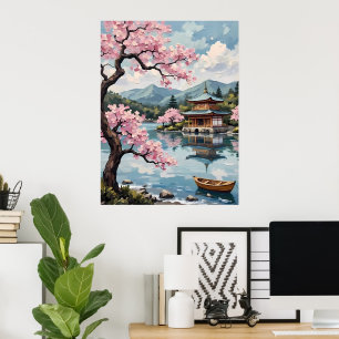 Poster Lago Japonês com Cherry Blossoms