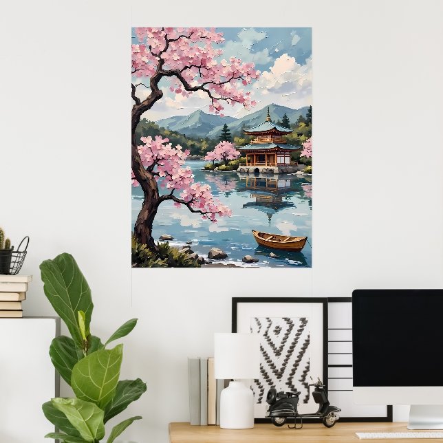 Poster Lago Japonês com Cherry Blossoms (Escritório em casa)