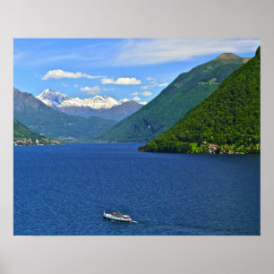 POSTER LAGO LUGANO, BARCO, MONTANHAS AO FUNDO