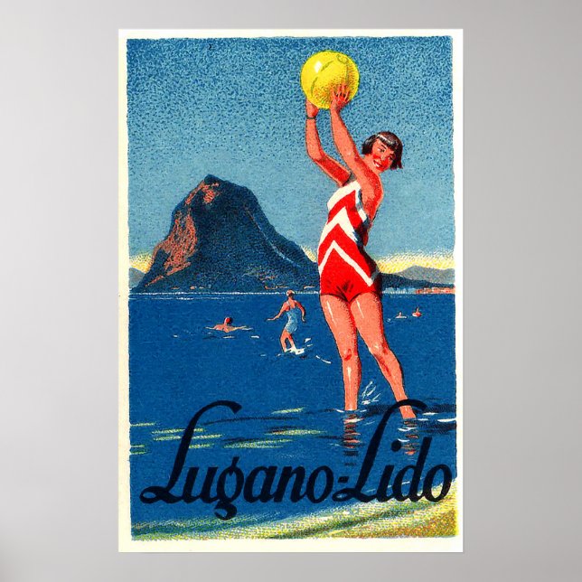 Poster Lago Lugano, praia, garota com bola de praia, safr (Frente)