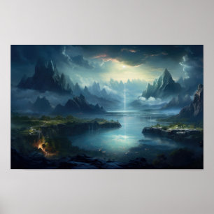 Poster Lago Místico e Vale de Montanha — Paisagem Fantást