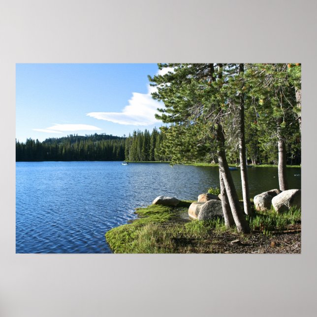 Pôster Lago Montanha, Pinheiros Árvores, Barco (Frente)