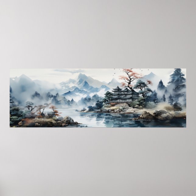 Poster Lago Mountain, Paisagem com Aquarela Japonesa (Frente)